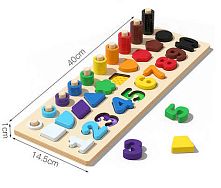 Логічна дерев’яна дошка С 74625 гра з кілочками, вкладиші, цифри, фігурки, кольорові кільця, сортер, в коробці