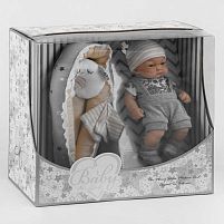 Пупс 219-1 висота 25 см, комбінезон, шапочка, шкарпетки, рушник, матрацик з подушечкою, в коробці