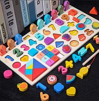 Дерев’яна логічна дошка С 75504 танграм, магнітна риболовля, сортер, цифри, арифметичні знаки, фрукти англійською, геометричні фігури, в коробці