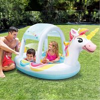 Дитячий надувний басейн Intex 58435 «Єдиноріг» (132*254 см, ↑109 см, борт: 18 см, об'єм: 130 л, ненадувне дно, серія: Baby Pools, навіс, фонтан)