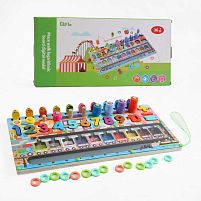Логічна дерев’яна дошка D 38475 магнітна гра, магнітна риболовля, дерев'яні кілочки, кольорові кільця, сортер, цифри, в коробці