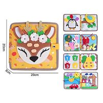 М'яка книжка-бізіборд 25007 кульки, свійські тварини на липучках, шнурівки, пискавка, кольорові олівці, кран з гаком, сонечко обертається, в паке