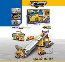 Гараж з треком MH 196 запускач, 2 металопластикові машинки, наліпки, в коробці