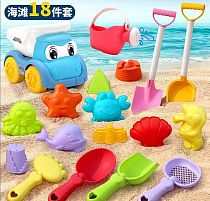 Пісочний набір W 218-40 розмір самоскида - 16.5х11х13 см, граблі, сито, 4 лопатки, лійка, 10 формочок, в сітці