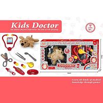 Набір ветеринара KJ 1926 A-6 плюшева тваринка, стетоскоп, градусник, шприц, 2 пігулки, мисочка, пінцет, ножиці, ложечка, в коробці