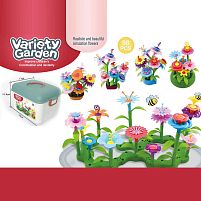 Конструктор B 6969-7 “Квітковий сад”, 98 елементів, 4 вазончики, звивиста зелена основа, квіти, листочки зі стеблами, в боксі
