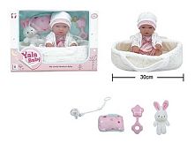 Пупс YL 2512 D-B гумовий, висота 30 см, кокон з ручками, подушечка, брязкальце, пустушка, в коробці