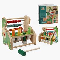 Ігровий центр F 43604 дерев’яний, 20х16х20 см, стукалка, молоточок, шестерінки, рахівниця, годинник з рухомими стрілками, в коробці