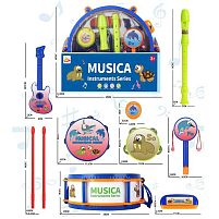 Набір музичних інструментів 818 A 7 елементів, чуттєва мембрана, барабан, гітара, сопілка, бубон, губна гармошка, маракаси, в коробці