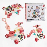 Каталка 6038 рожева, 6 в 1, трансформується у толокар, батьківська ручка, звуки, мелодії, підсвічування, пискавка, геометричний сортер, шестерні,