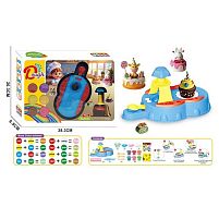 Тісто для ліплення 9028 прес, довжина - 22 см, тісто у 6ти кольорах, тарілочка, форми, виделка, ложка, 2 ножі, в коробці