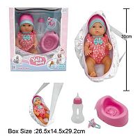 Пупс YL 2430 H-A висота 30 см, п'є з пляшечки, ходить на горщик, сумка-переноска, знімний одяг, горщик, пустушка, пляшечка, в коробці