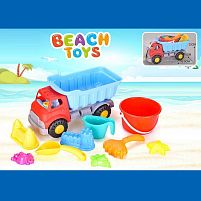 Пісочний набір JX 6855 розмір самоскида - 33.5х16х23 см, висота відра - 10 см, лопатка, граблі, лійка, 5 формочок, в сітці