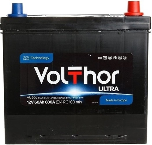 Акумулятор автомобільний VolThor VU60J 56068 SMF, 005L (Ultra, Ca/Ca, 12V, 60Ah, EN600A, RC 100 min, Asia, 173*220*230 мм, Словенія, 2023 р.) фото 2