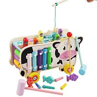 Ігровий центр C 74300 “Корівка”, дерев’яний, каталка, ксилофон, стукалка, магнітна риболовля, рахівниця, пальчиковий лабіринт, молоточки, в короб