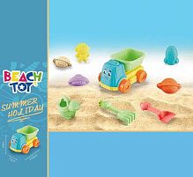 Пісочний набір RMT 366-5 розмір самоскида - 21х15х12.5, лійка, граблі, лопатка, 4 формочки, в сітці