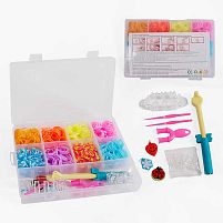 Набір резиночок для плетіння D 121 8 кольорів, верстат, пластикова фурнітура, рогатка, гачки, підвіски, інструкція, в боксі