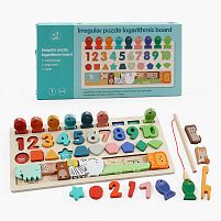 Логічна дерев’яна дошка C 73280 магнітна риболовля, назви англійською мовою, цифри, геометричні фігури, сортер, мішечок, тваринки, пазл, в коробц