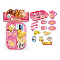 Набір продуктів 99008 таця, 2 чашки, 2 блюдця, чайничок, ніж, ложка, вилка, шматок піци, вафля, коробочки з молоком і соком, в пакеті