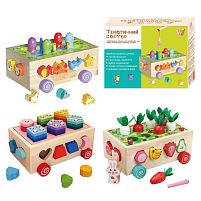 Каталка логічна 22995 "WToys", дерев'яна, 3 в 1, сортер, 1 тематична гра, каталка на коліщатах, в коробці
