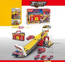 Гараж з треком MH 192 запускач, 2 металопластикові машинки, наліпки, в коробці