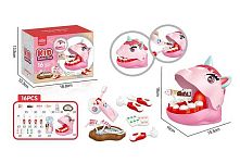 Стоматолог 623-921 16 елементів, голова єдинорога, отвори в зубах, інструменти, зубна паста, щітка, щипці, солодощі на паличках, в коробці