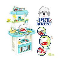 Набір стоматолога 8371 41 деталь, ветеринарний стіл-стійка, макет голови песика, рот відкривається, медичні інструменти, підсвічування, рухомі дет
