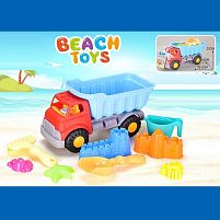 Пісочний набір JX 6854 розмір самоскида - 33.5х16х23 см, лопатка, граблі, лійка, 5 формочок, в сітці