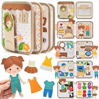 М'яка книжка-бізіборд С 75319 10 сторінок, фетрова лялечка, липучки, застібки, шнурки, гудзики, гардероб із одягом, ванна кімната з дзеркальцем,