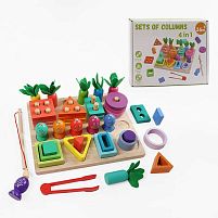 Логічна дерев’яна дошка C 74314 магнітна риболовля, кілочки, сортер за кольорами та формами, щипці, морквини, в коробці