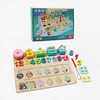Логічна дерев’яна дошка C 74580 30х22.5х5 см, сортер, кілочки, магнітний стилус, геометричні фігури, цифри та магнітні кульки, в коробці