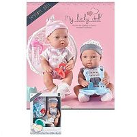 Пупс 91008 C 2 види, висота: 29 см, пластиковий, імітація скляних очей, пляшечка, посуд, горщик, пустушка, в коробці