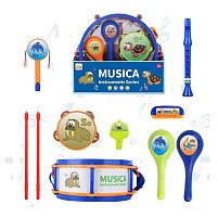 Набір музичних інструментів 717 A барабан: 28х28х12 см, барабанні палички, маракаси, бубон, колотушка, свисток, сопілочка, дудка, ремінець, в ко