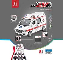 Набір машин 731-37 D ЦІНА ЗА 8 ШТУК В БЛОЦІ, “Швидка допомога”, розмір - 14.5х6х8 см, інерційний механізм, звуки, підсвічування, відкриваються дв