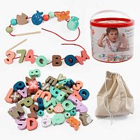 Шнурівка дерев'яна C 74420 8 шнурків з дерев’яним краєм, абетка, морські жителі, цифри, математичні знаки, мішечок для зберігання, у відрі