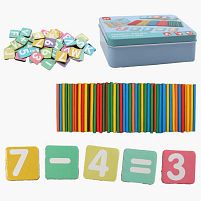 Математична гра C 73828 дерев`яні магніти, англійська абетка, цифри, математичні позначки, приклади, палички, кольори, в боксі